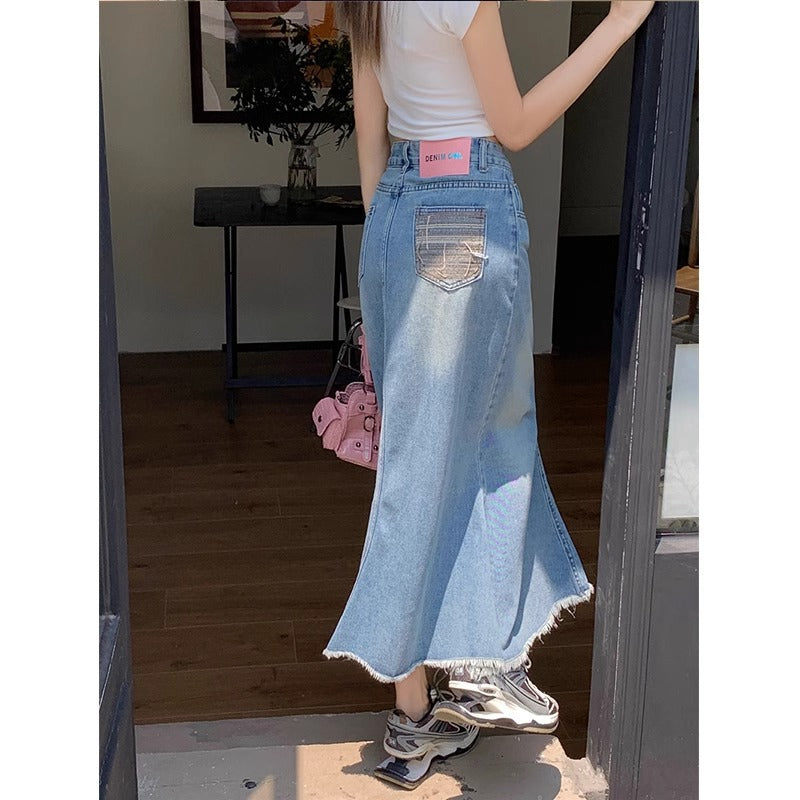 2000s fashion High Waist Denim Fishtail Skirt for Women 2024 Spring plus Size Loose Slimming Frayed Fat Girl A- line Half-Length