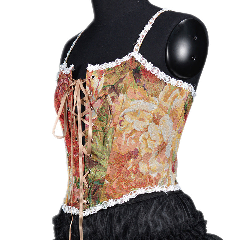 koi fish dress to impress Autumn and Winter Women's Clothing French Retro Oil Painting Jacquard Embroidered Camisole Fishbone Corset Lace Lace-up Corset