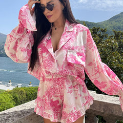 90s fashion Summer 2024 Suit Fashion Printed Bell Sleeve Shirt Top Shorts Ruffled Two-Piece Set