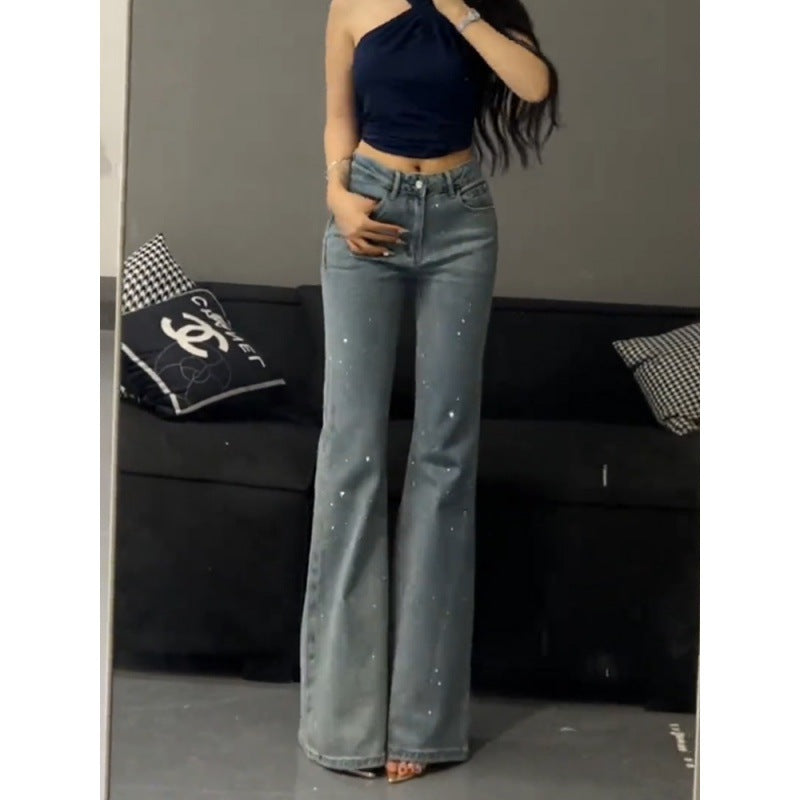 outfit inspo Loose Retro Heavy-Duty Rhinestone High Waist Skinny Jeans for Women 2024 Summer New Style Slim Flared Pants without Leg Sticking