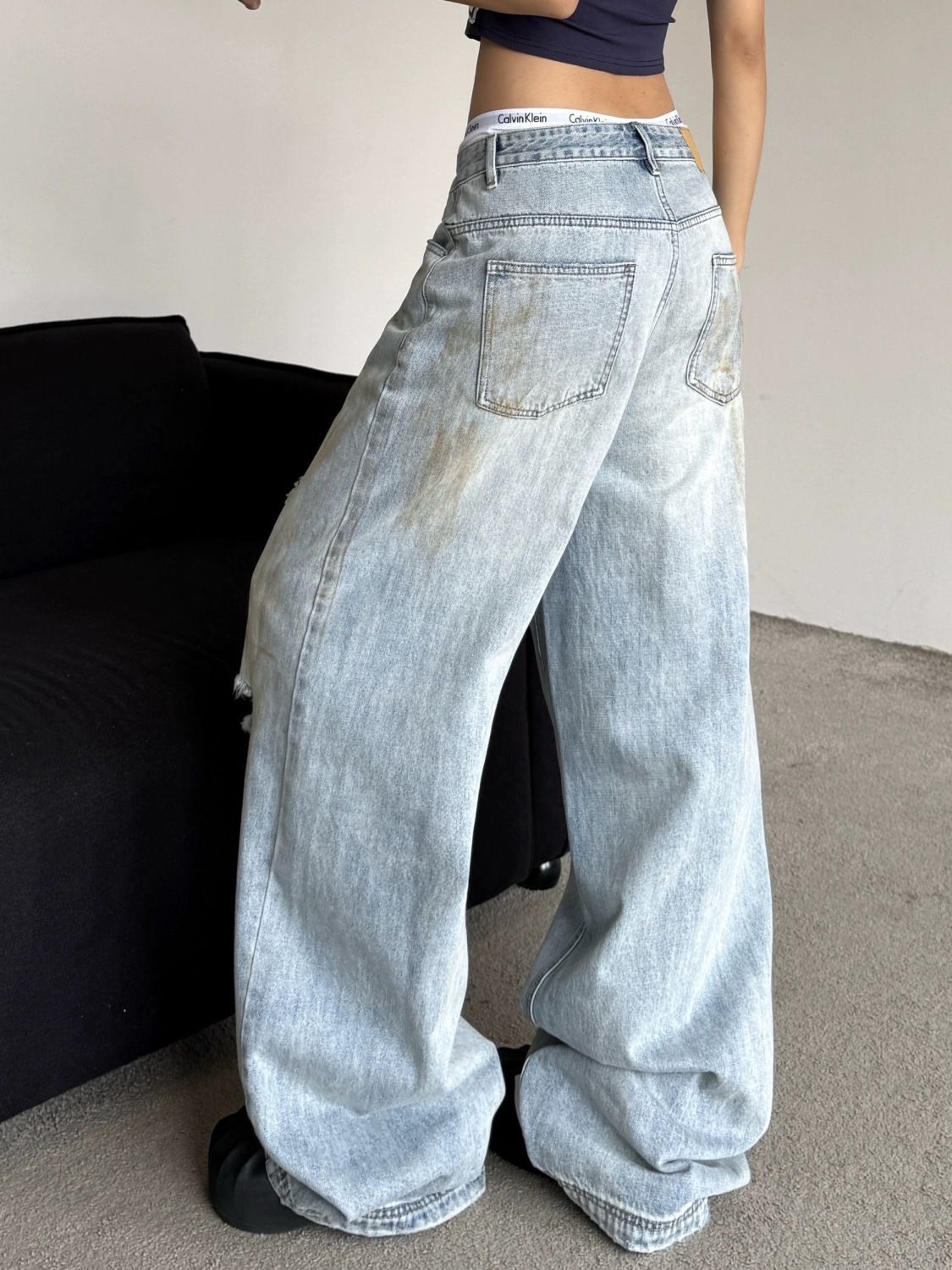 2024 fall fashion trends American plus Size Washed Distressed Dirty Ripped Jeans Women's High Street Straight Loose Wide Leg Drop Pants