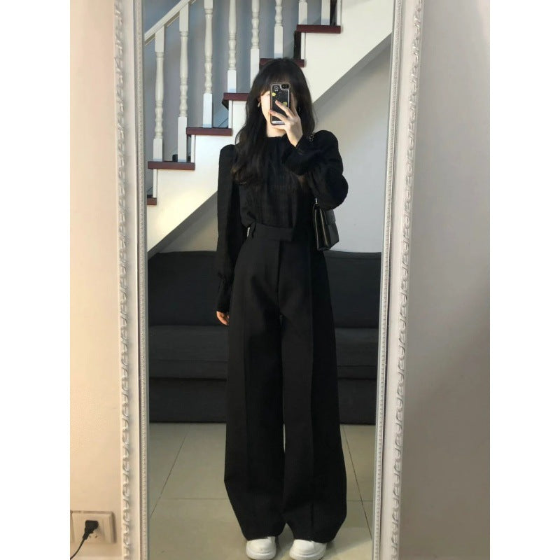 work outfits women Yujie Style Texture Long-Sleeved Shirt Suit Women's Autumn High Waist Straight Wide-Leg Pants Elegant Black Lantern Sleeve Top