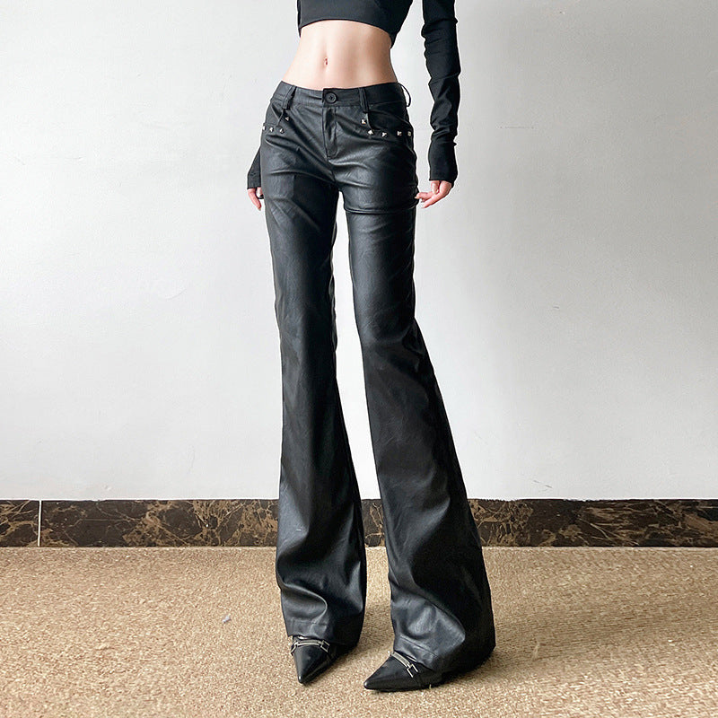 barn jacket outfits Dark Sweet and Spicy Rivet Decorative Leather Casual Pants Sexy Low Waist Flared Pants 2024 American Street Shooting New Leather Pants