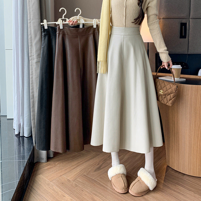 business casual outfits for women A- line Umbrella Skirt Women's Skirt 2024 Autumn and Winter Large Swing Leather Skirt High Waist Mid-Length Skirt Covering PU Leather Long Skirt