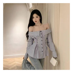 date night outfit Early Autumn Sexy Slim Fit Waist Slimming Hot Girl Lace-up off-Neck Long Sleeve T-shirt Fashion Striped Chic Top Ins