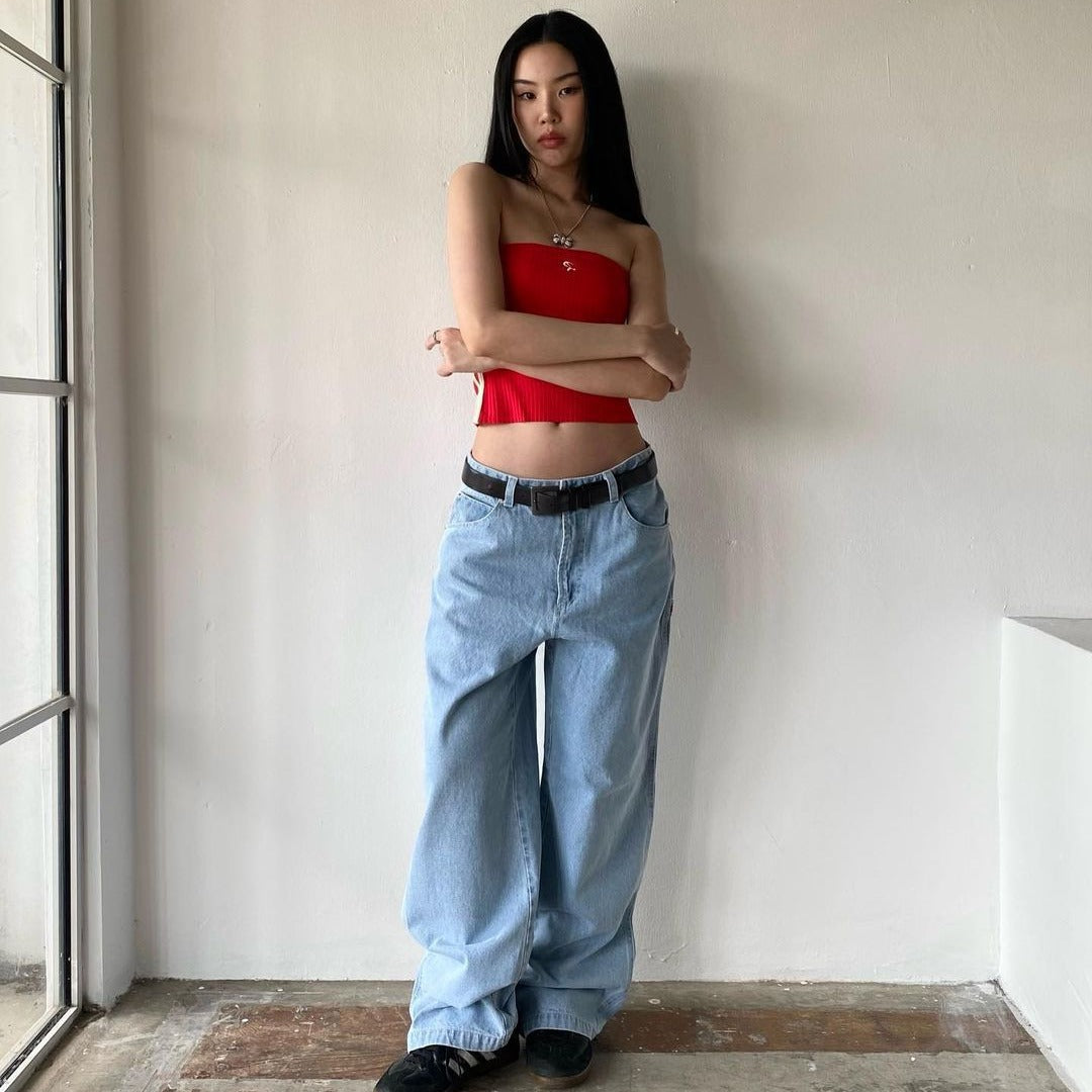 date night outfit American Street Retro Pocket Embroidered Hot Girl All-Match Loose Slimming Wide Leg High Street Casual Denim Long Pants Fashion