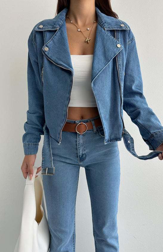 picture day outfit Spring and Autumn New Women's Clothing Ins Hot Lapel Zipper Motorcycle Denim Jacket Coat