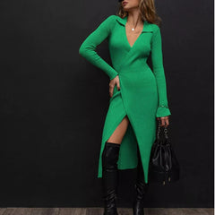 y2k outfits 2024 Autumn and Winter New Style Sweater Dress Women's Lace-up Long Sleeve Polo Collar Dress Women