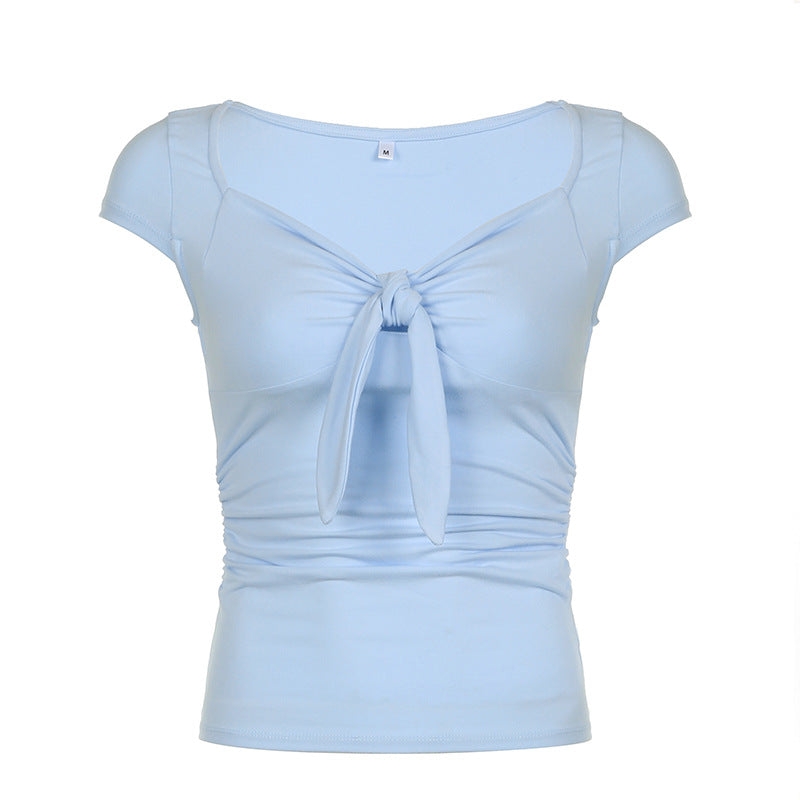 2000s fashion French Gentle Style Bow Chest T-shirt Pleated Waist Slimming Cute Rabbit Ears Lace-up V-neck All-Match Top