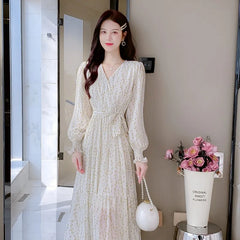 Koisoon New Spring Summer Fashion Print Midi Dresses for Women Long Sleeved V-neck Party Birthday Slim Cute Sweet Fairy Dress Korean