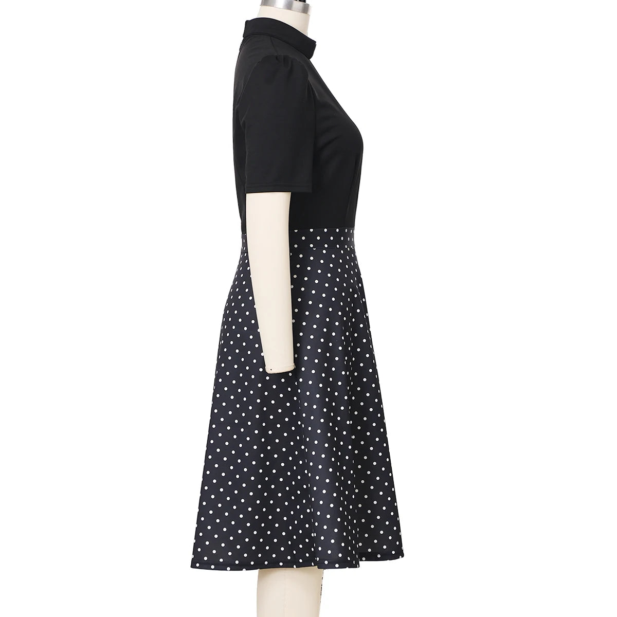 Koisoon Church Clergy Dress for Women Short Sleeve Polka Dot Patchwork A Line Elegant Dress with Tab Collar