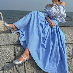 Koisoon Elegant Women Long Pleated Skirts For Female Casual Loose A-Line High Elastic Waist Maxi Skirt 2024 Spring Summer