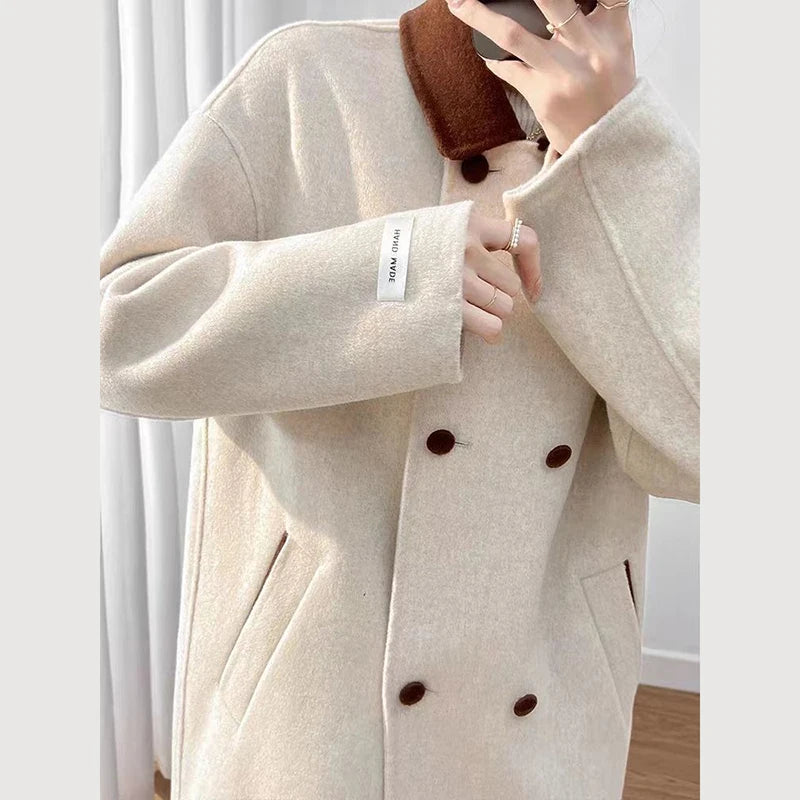 Koisoon Women Faux Woolen Coats Korean Fashion Patchwork Button Jacket Winter Casual Female Streetwear Loose Blends Outerwear New