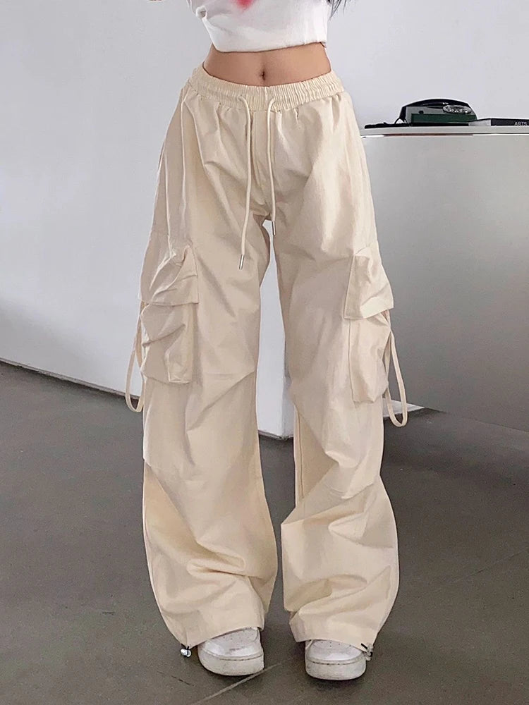 Koisoon Hip Hop Y2K Cargo Pants Women Streetwear Harajuku Big Pockets Casual Trousers Korean Loose High Waist Design Solid Pants