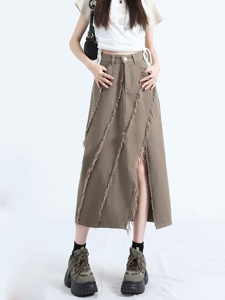 Koisoon Ladies Irregular High Waist Chic Midi Skirt Casual Versatile Personality Split Fur Edge Tassel Denim A-Line Skirt