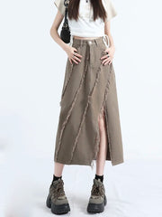 Koisoon Ladies Irregular High Waist Chic Midi Skirt Casual Versatile Personality Split Fur Edge Tassel Denim A-Line Skirt