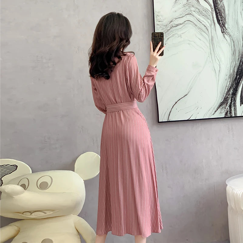 Koisoon Spring New Women Striped Long Sleeve Shirt Dress Fashion Lace Up Elegant Lady Turn-Down Collar Single Breasted Robe Dresses