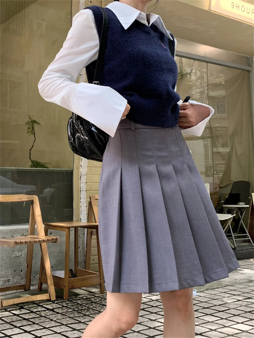 Koisoon Preppy Style Women A-Line Skirts Slim High Waist Streetwear Autumn Loose Office Lady Daily Mujer All Match