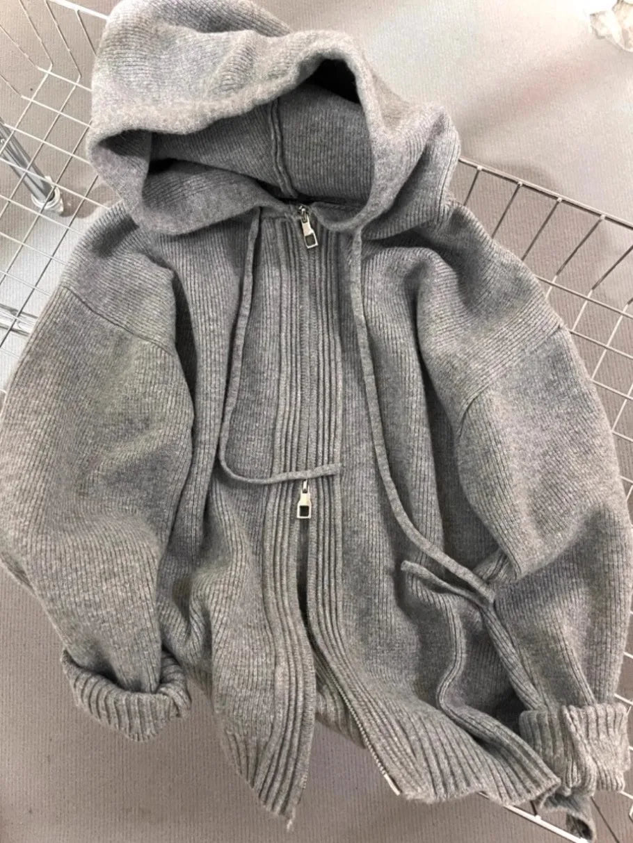 Koisoon Korean Fashion Women Vertical Pit Strip Hooded Knitted Sweatshirt Jacket Autumn New Lazy Style Zipper Women's Cardigan Top