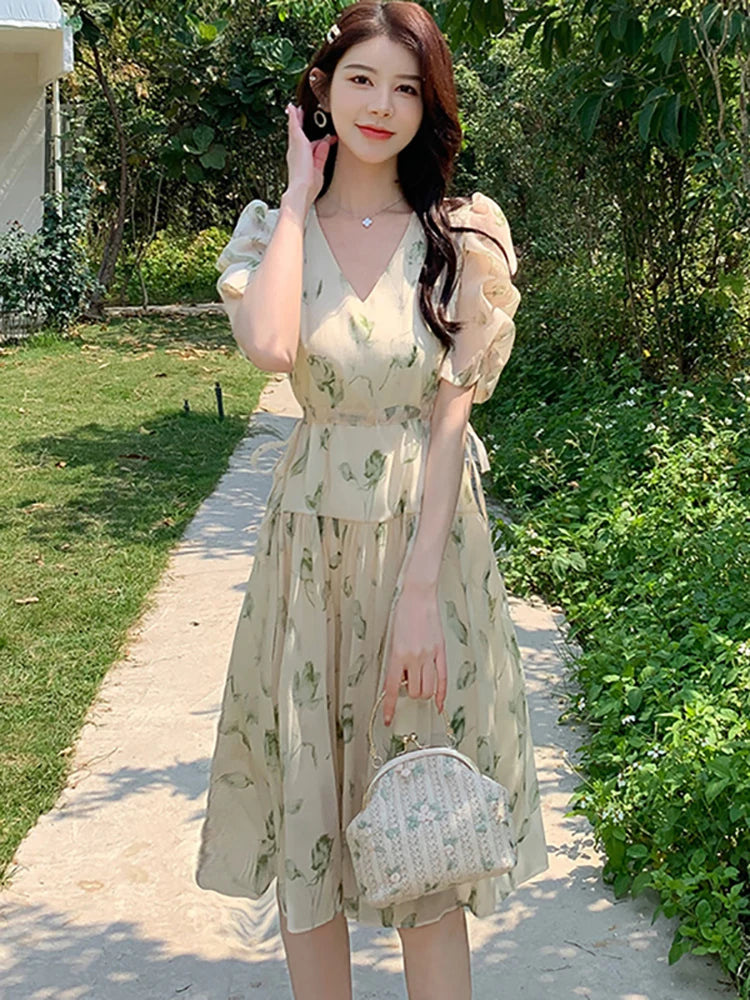 Koisoon 2024 New Green Floral Chiffon Puff Sleeve Midi Dress Summer Boho Elegant Bodycon Dress Women Korean Vintage Cheap Casual Dresses