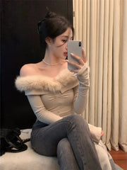 Koisoon 2024 Y2K Aesthetic Sexy Off Shoulder T Shirts Women Elegant Slim Crop Tops Korean Youthful Spliced Fur Collar Tees Fairycore