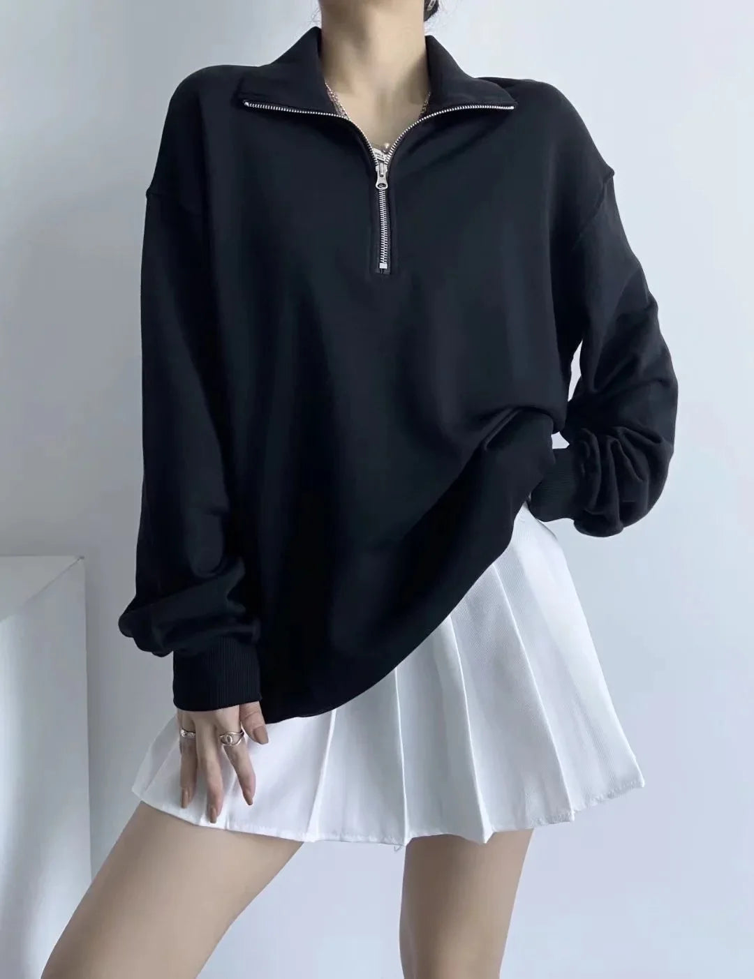 Koisoon Half Zip Up Vintage Sweatshirts Women Long Sleeve Cotton Casual Tops Oversized Street Fashion Pullover Sweats