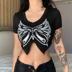 Koisoon American Vintage Butterfly Graphic Women Irregular T-shirt V-Neck Spicy Girl Summer Sexy Slim Versatile Short Sleeve Crop Tops