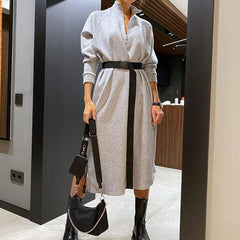 Koisoon Casual Solid Long Dress&Belt Harajuku Simple Stand Collar Zip Sweatshirt Dresses Autumn Side Split Long Sleeve Party Dress