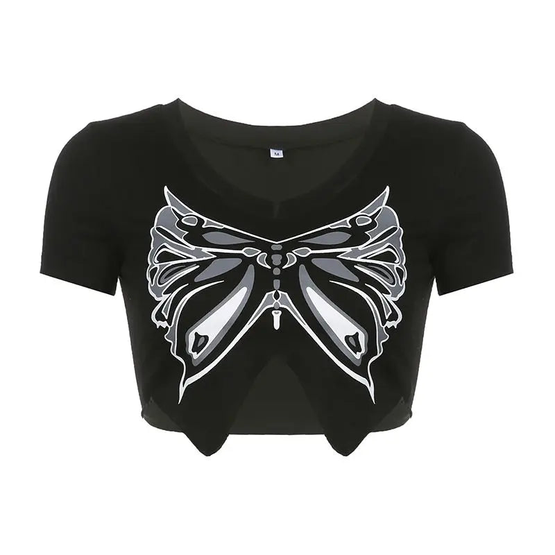 Koisoon American Vintage Butterfly Graphic Women Irregular T-shirt V-Neck Spicy Girl Summer Sexy Slim Versatile Short Sleeve Crop Tops