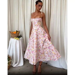 Koisoon Boho Inspired PINK floral print COTTON MIDI dress women strapless slit side corset summer dress elegant ladies party dress new