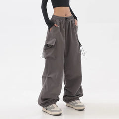 Koisoon Streetwear Fashion Women Solid Cargo Pants Spring Autumn Harajuku Oversize Elastic Waist Drawcord Loose Casual Sports Trousers