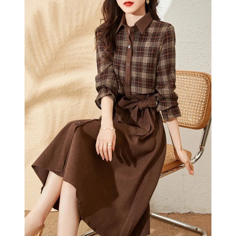 Koisoon Elegant Lapel Spliced Plaid Midi Dress Women's Clothing Spring New Loose Office Lady Long Sleeved Single Breasted Dresses