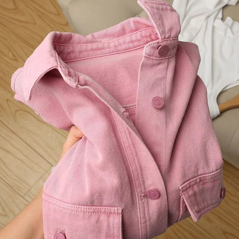 Koisoon New Women Pink Jeans Jacket Oversized Korean Style Single Breasted Chic Denim Coats Spring Autumn Cowboy Jackets Outwear Female