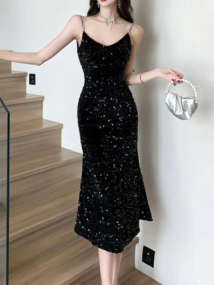 Koisoon Sexy Women Fashion Casual Sleeveless Party Black Dress Elegant A-Line Prom Evening Club Dresses Female Spaghetti Strap Long Robe