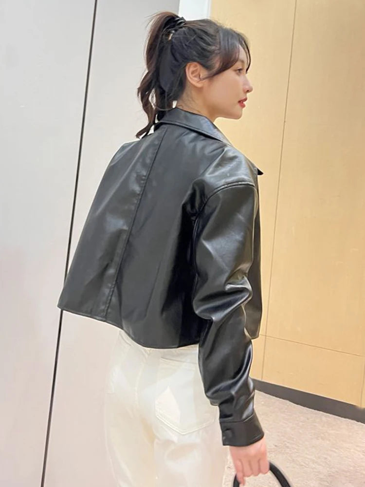 Koisoon Sexy Cropped Pu Jackets Women Black Faux Leather Moto Coats Vintage Harajuku Korean Long Sleeve Pocket Autumn Winter Tops