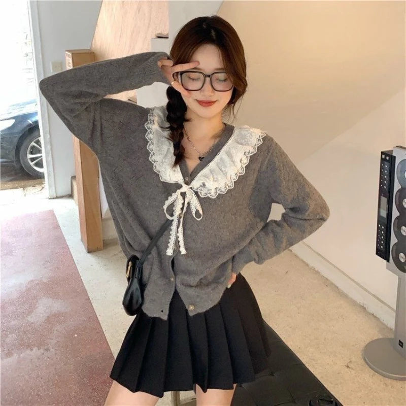 Koisoon Kawaii Cardigan Korean Style Sweet Sweater Lace Knited Tops Grey Cutecore Cardigan Sweaters Autumn Winter Aesthetics