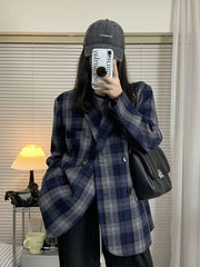 Koisoon Vintage Faux Woolen Plaid Blazers Coat Women Streetwear Loose Retro Jackets American Harajuku Long Sleeve Outwear Tops New