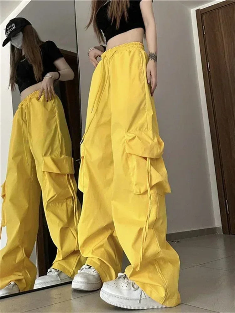 Koisoon Y2K Beige Cargo Pants Woman Streetwear Hip Hop Black Parachute Trousers Oversized Korean Fashion Wide Leg Pink Sweatpants