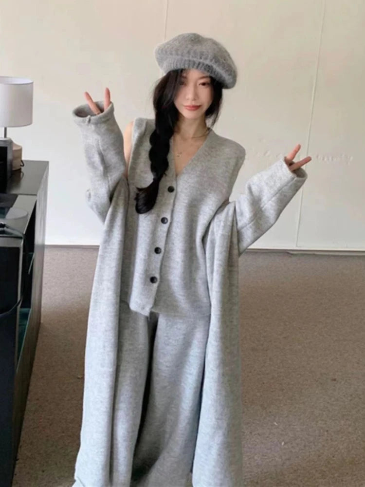 Koisoon Winter French Knitted Suits 3 Piece Set Women Casual Long Cardigan + Vintage Vest + Office Lady Long Pants Korean Fashion