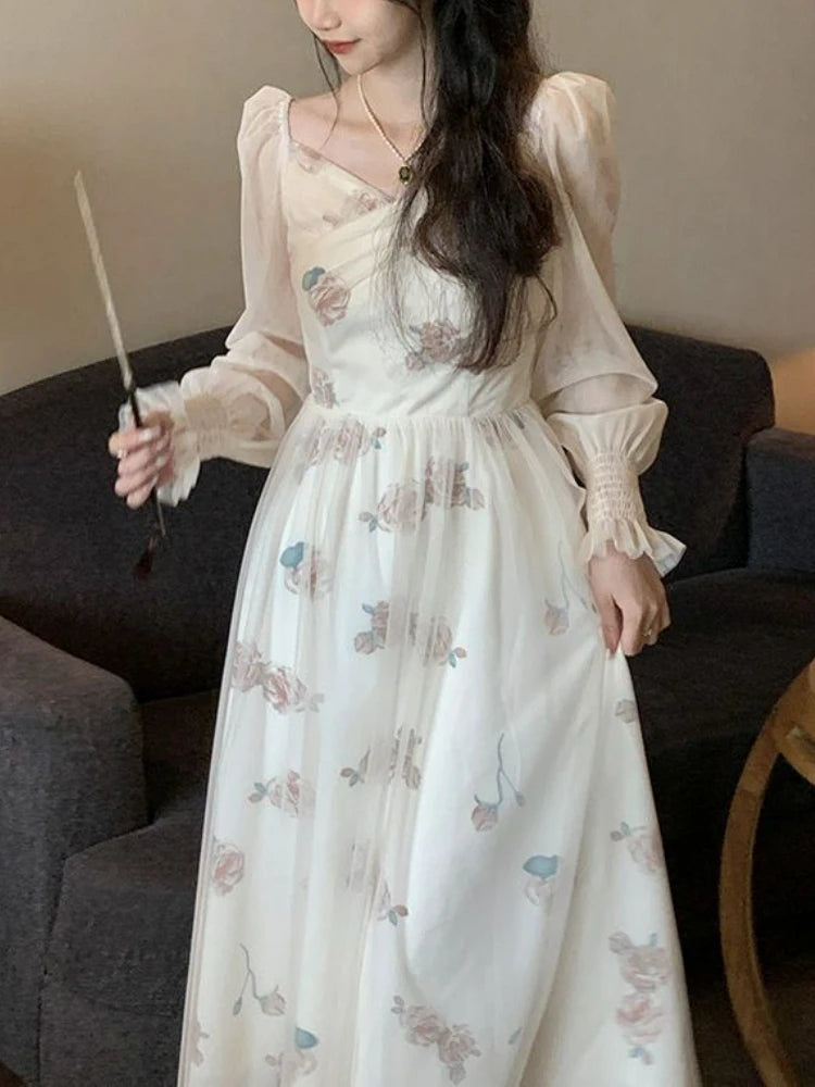 Koisoon Mesh Vintage Long Sleeve Midi Dress Women Casual Korean V-neck Long Fairy Dresses Elegant Women's Dresses for Party 2024 Spring