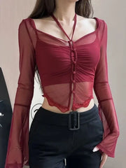 Koisoon Red Basic 2 Piece Set Woman Slim Casual Blouse Office Lady Outfit Sexy Y2k Crop Tops Korean Fashion Clothing Chic 2024 Summer