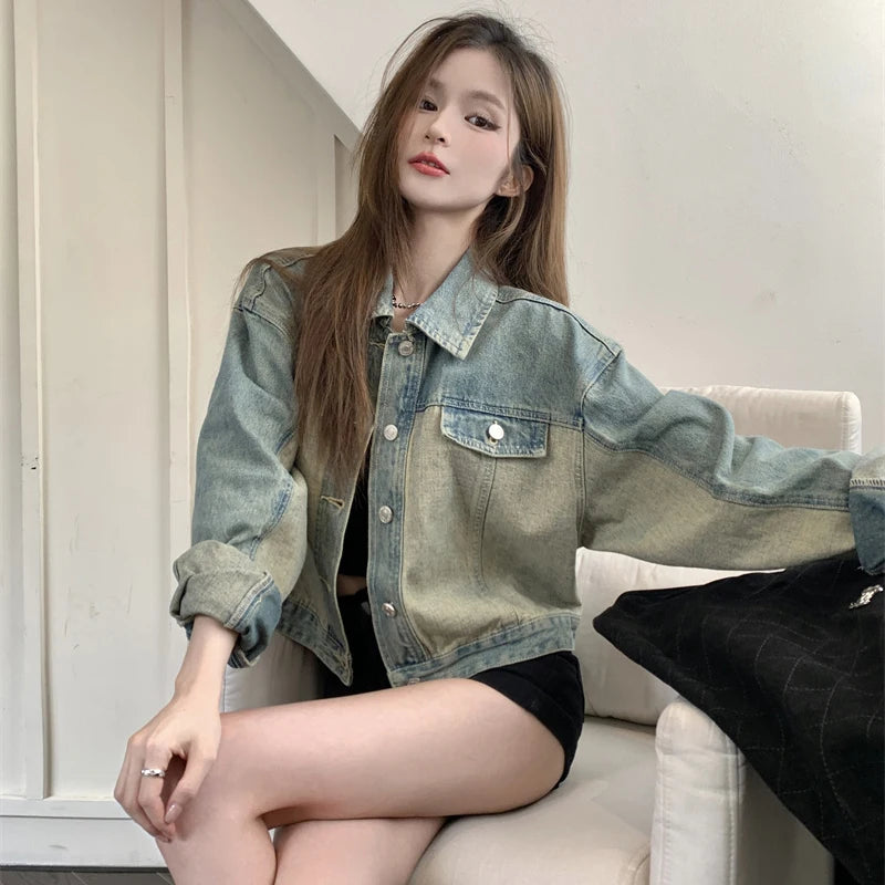 Koisoon Women Denim Jacket Vintage Korean Streetwear Loose Long Sleeve Coats Autumn Casual Female Patchwork Cropped Outwear New