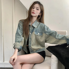 Koisoon Women Denim Jacket Vintage Korean Streetwear Loose Long Sleeve Coats Autumn Casual Female Patchwork Cropped Outwear New