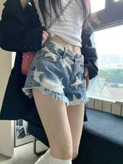 Koisoon Star Print Summer Denim Shorts Women Y2k Ripped Low Wasit Jean Shorts Female Streetwear American Retro Hotsweet Bottoms