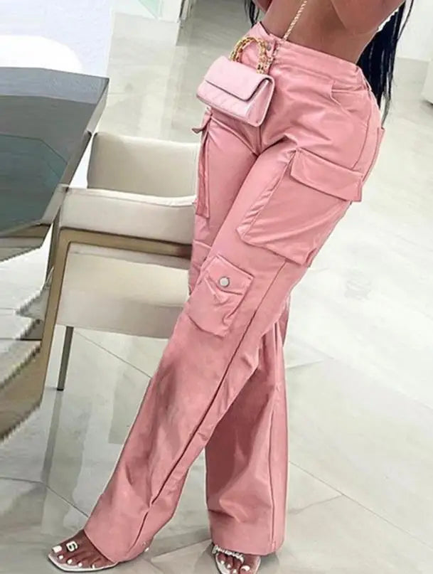 Koisoon Pink Cargo Pants for Women 2024 Spring Straight Leg Solid Multi-Pocket Design High Waist Pu Leather Loose Baggy Pants Streetwear