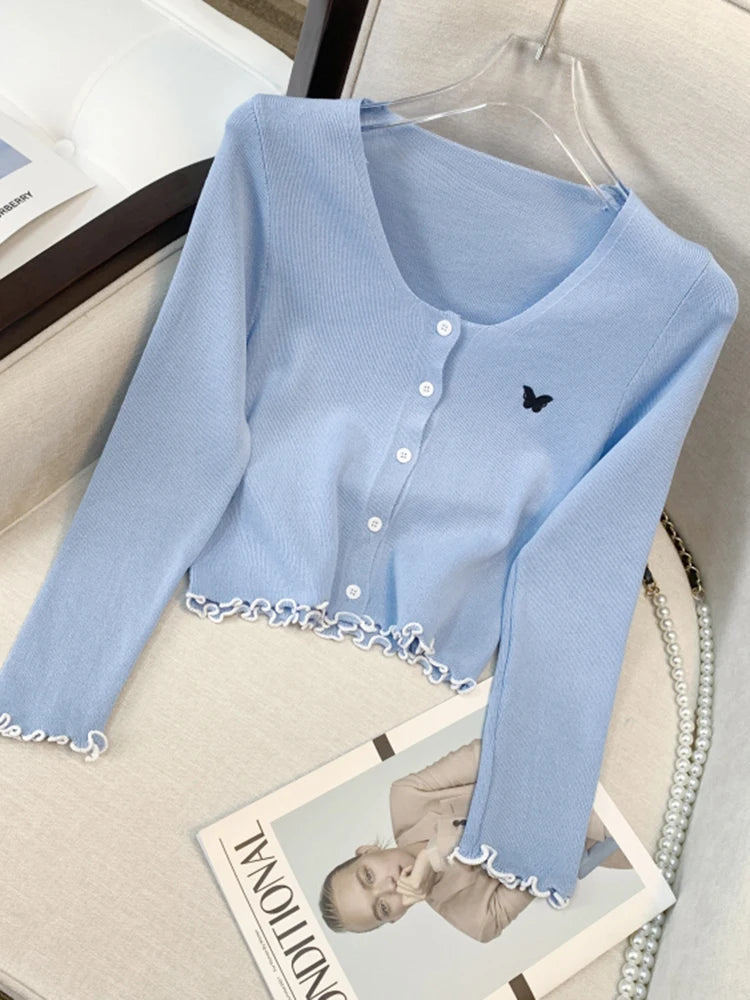 Koisoon Fashion Ruffles Women Cardigan Sweater Soft Butterfly Embroidery Casual O Neck Long Sleeve Button Up White Thin Crop Tops