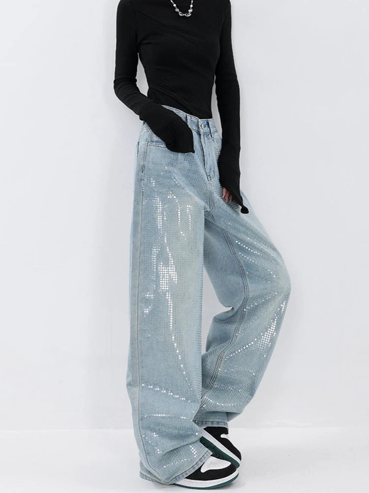 Koisoon Heavy Sequins Jeans for Women 2024 Summer New Fashion Retro High Waist Loose Casual Straight Denim Pants Wide Leg Pants