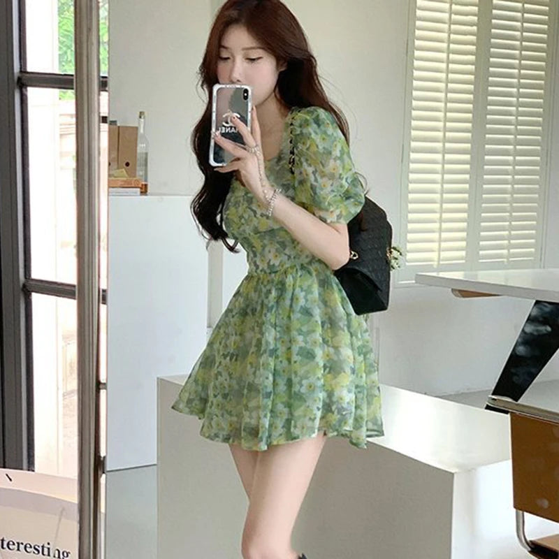 Koisoon Summer High Waist Dress Women Korean Fashion Floral Casual Mini Dresses Y2K Female Elegant Puff Sleeve A Line Dress