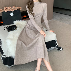 Koisoon New Vintage Knitted Sweater Midi Dresses for Women New Autumn Winter Half High Collar Thickened Elastic Ladies Slim Dress