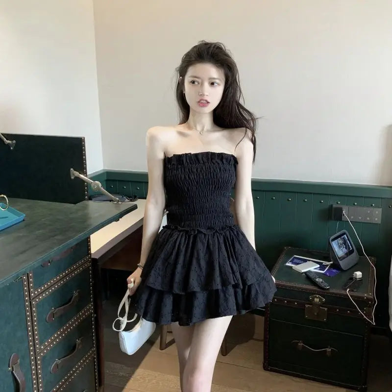 Koisoon Fashion Folds Women Dress Summer Casual Sexy Off Shoulder Female Mini Dresses Y2K Korean Cute Prom Dresses Dress New